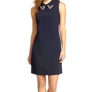 Eliza J Sz 6 Navy Blue Shift Dress Jeweled Collar Sleeveless Classic Preppy